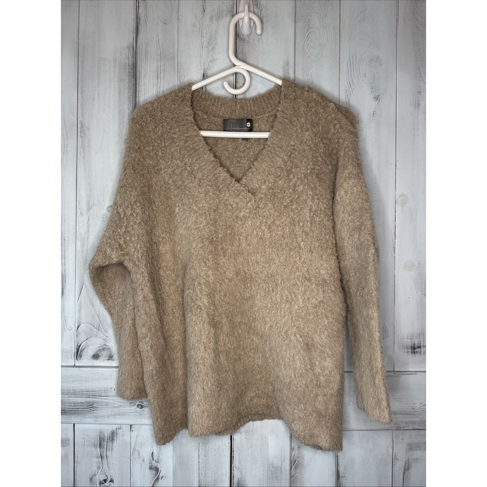 Anthropologie Beige Tan Simone Fuzzy Teddy VNeck Pullover Sweater XS Wool Alpaca